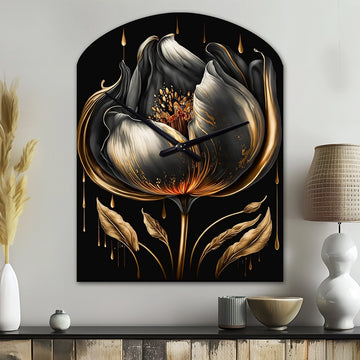Black And Gold Tulip - Asymmetric Metal Wall Clock